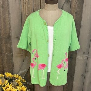 Rey Wear Hand Knit Flamingo Cardigan Large Green Cotton Coastal